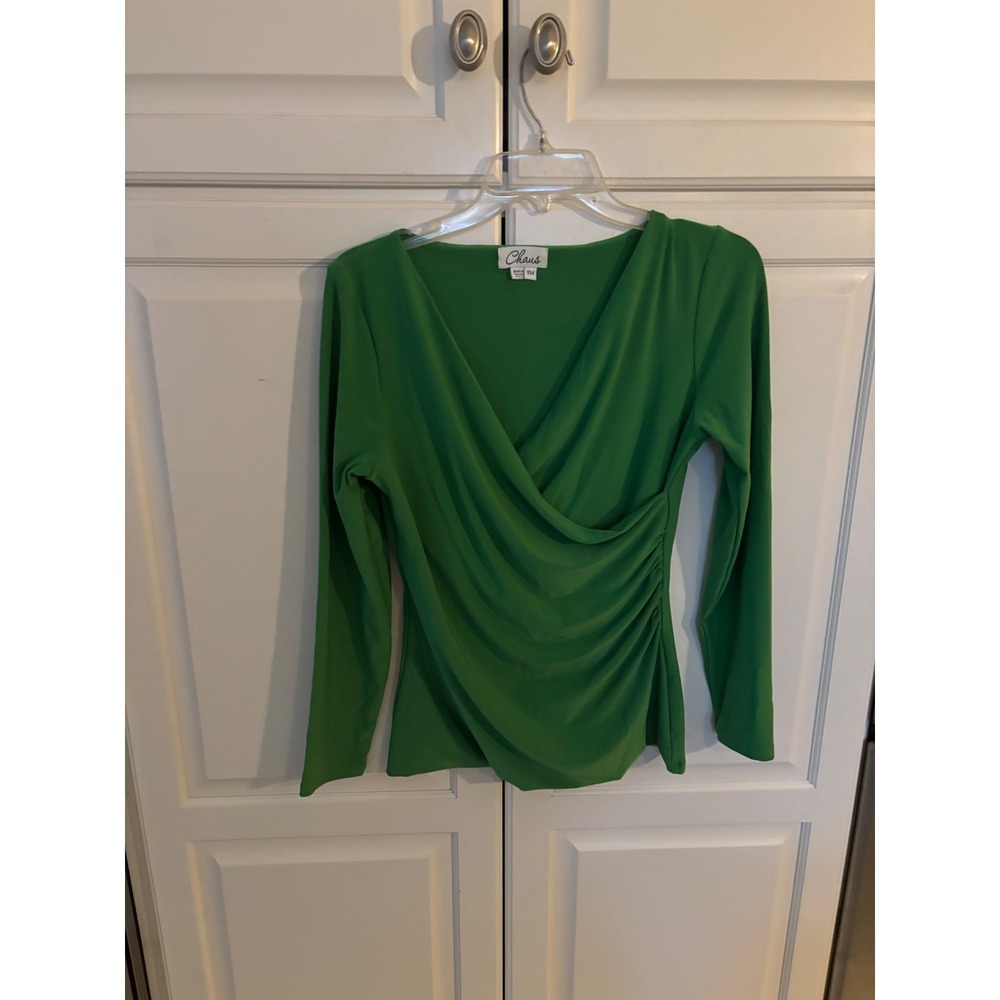 Chaus Womens Green Ruched Faux Wrap Surplice Long Sleeve Top PM
